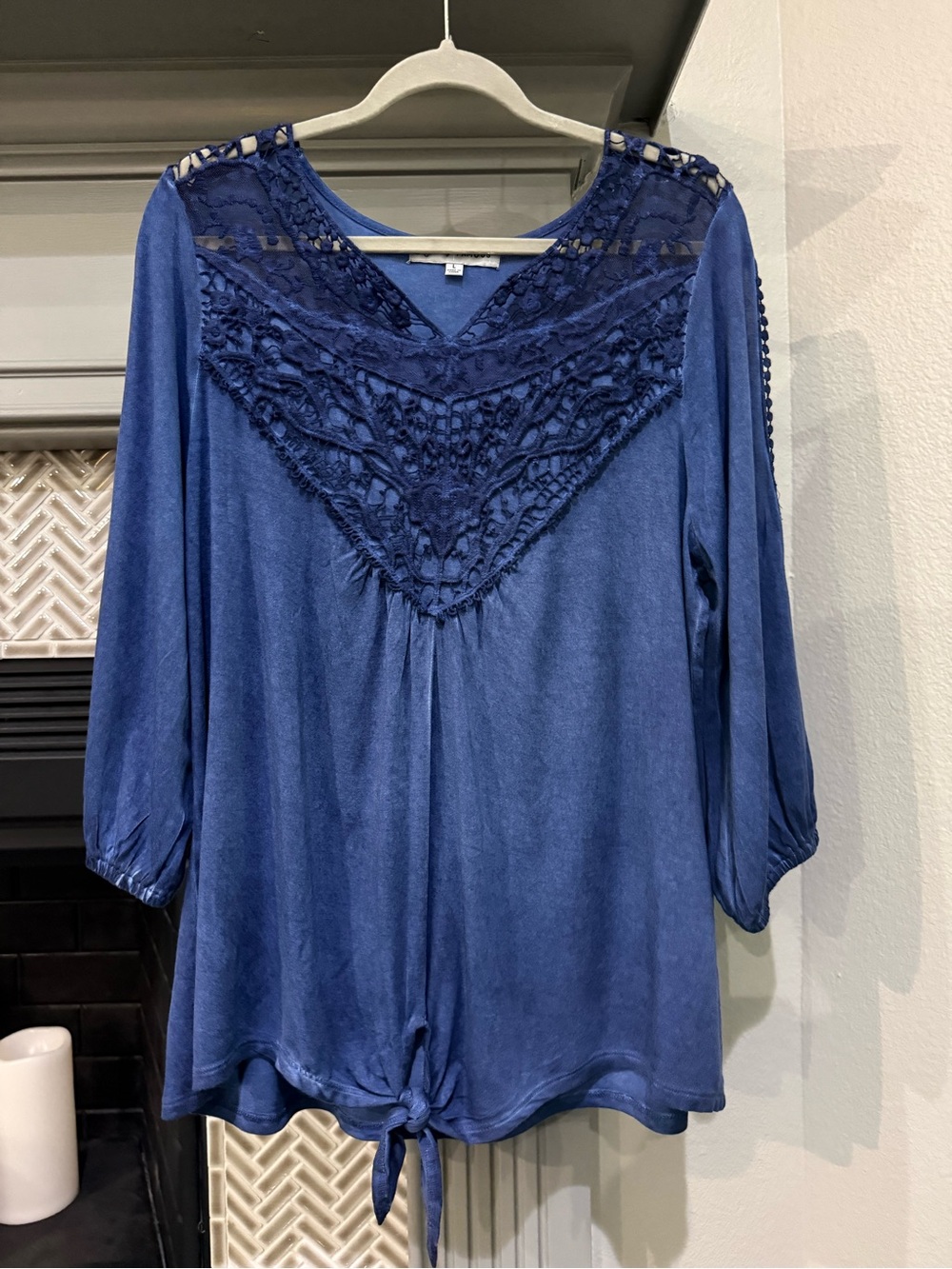 Absolutely Famous Blue Lace Yoke Tie-Front Tunic